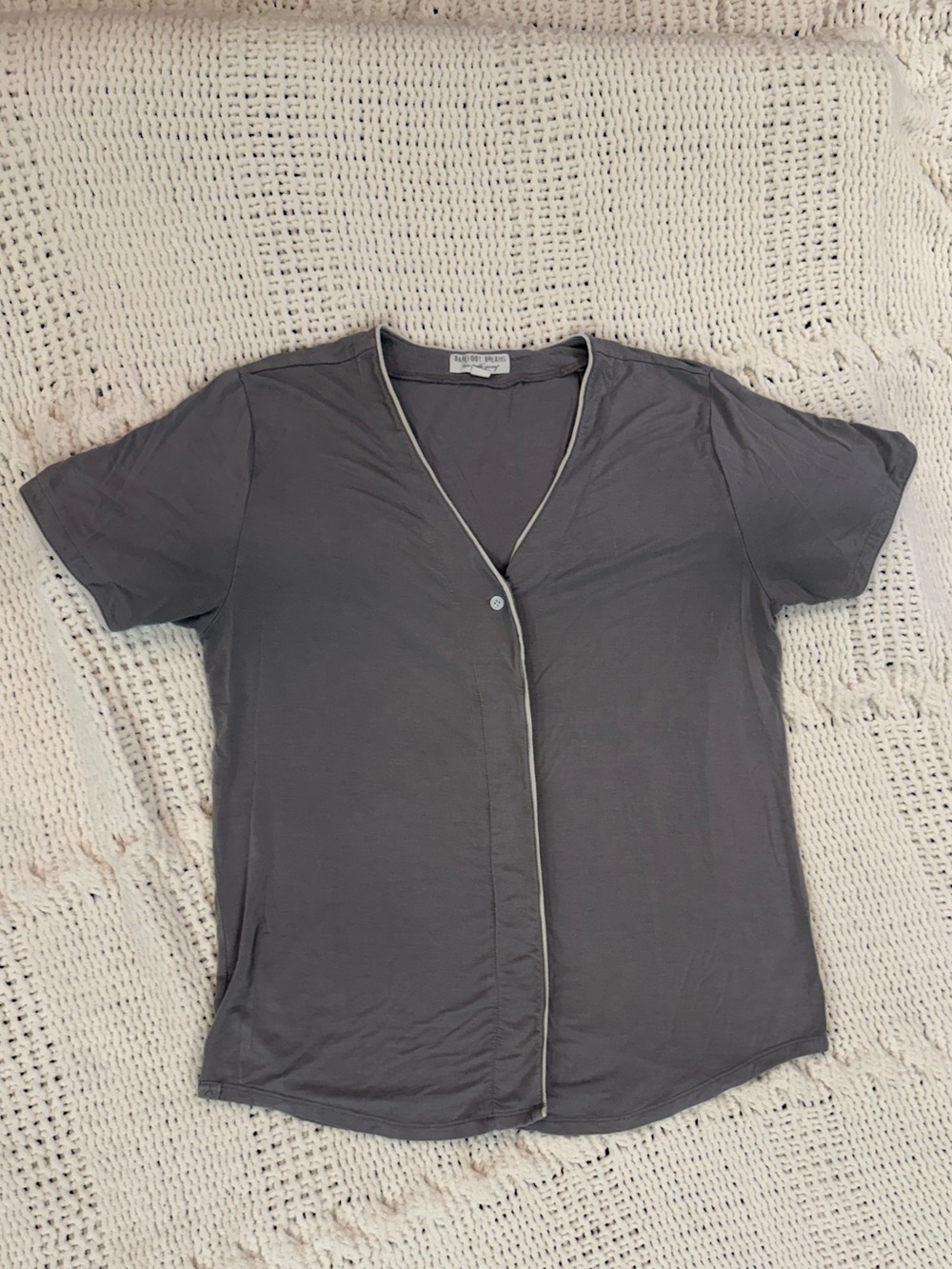 Barefoot Dreams Charcoal Short-Sleeve V-Neck Button Top with Contrast Trim